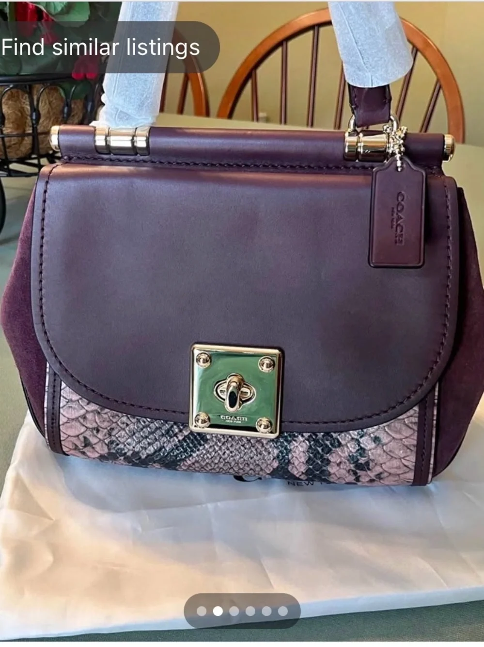 Coach Plum Leather Top-Handle Satchel with Pink Python Accent and Gold Hardware